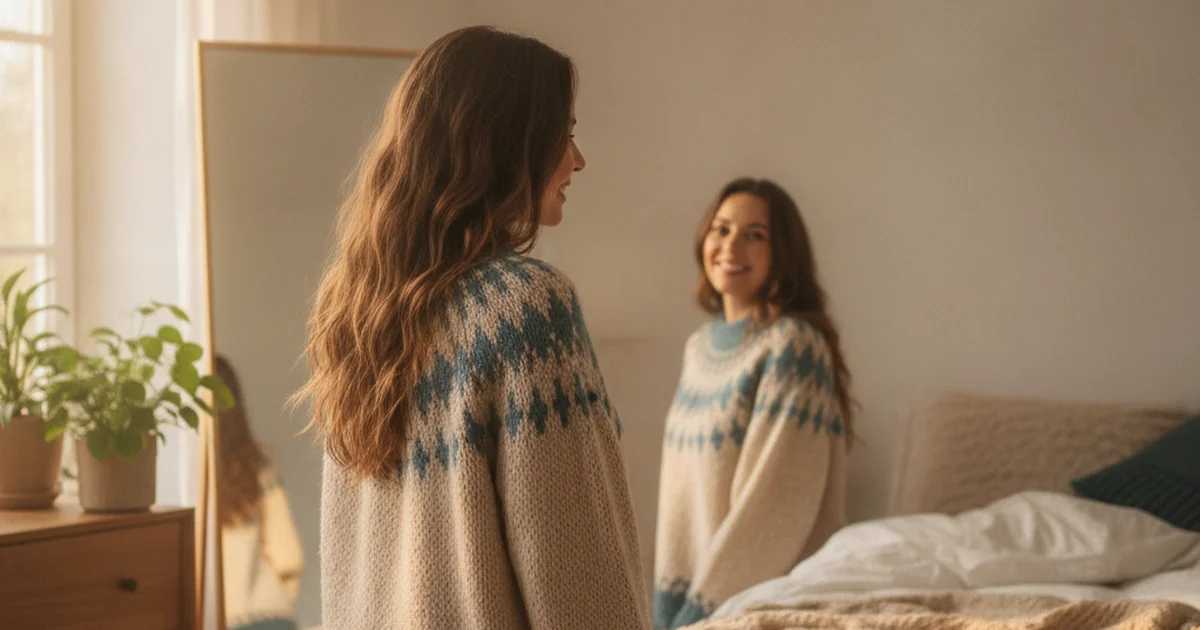 Woman checking her bra fit confidently in a mirror at home